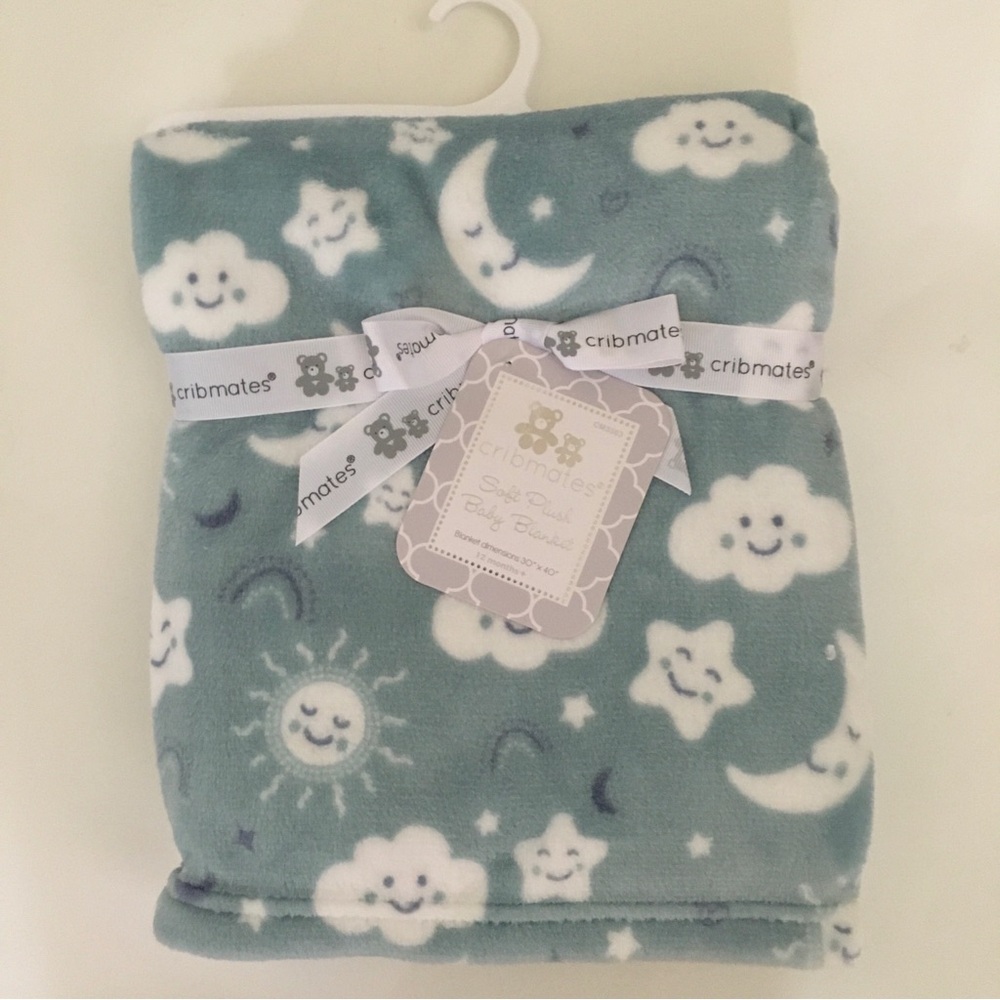 NEW Baby Blanket Plush Cozy Blue White Moon Stars Sun Baby Gift | Cribmates